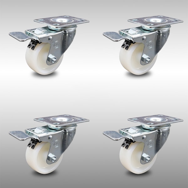 3 Inch SS Nylon Wheel Swivel Top Plate Caster Set with Total Lock Brake SCC